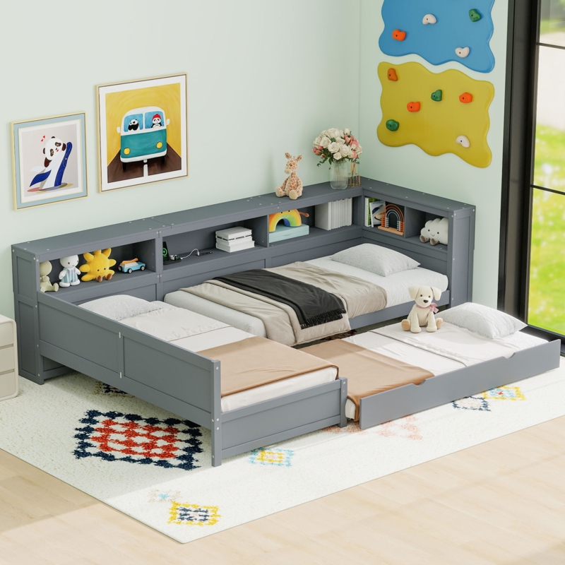 L-Shaped Platform Bed with Integrated Shelving and Trundle