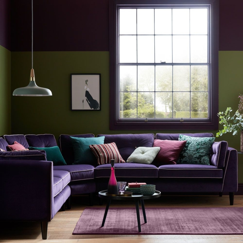 L Shaped Sectional Sofa in Eggplant Purple Velvet Fabric