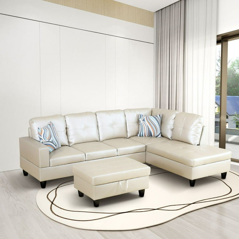 L-Shaped Sectional Sofa in Latte Beige with Tufted Seat Cushions