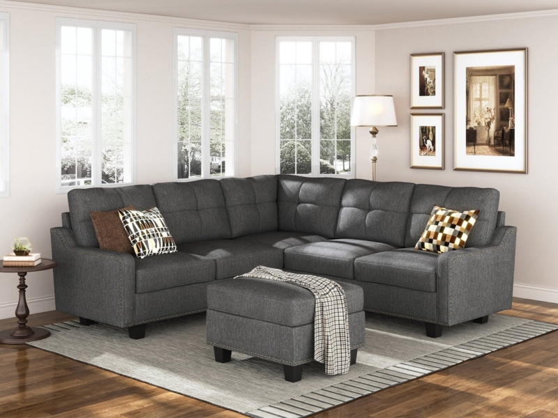 L-Shaped Sectional Sofa with Nailhead Trim and Matching Storage Ottoman
