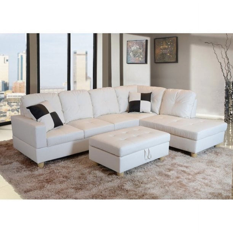 L-Shaped Sectional Sofa with Tufted Seats and Matching Storage Ottoman