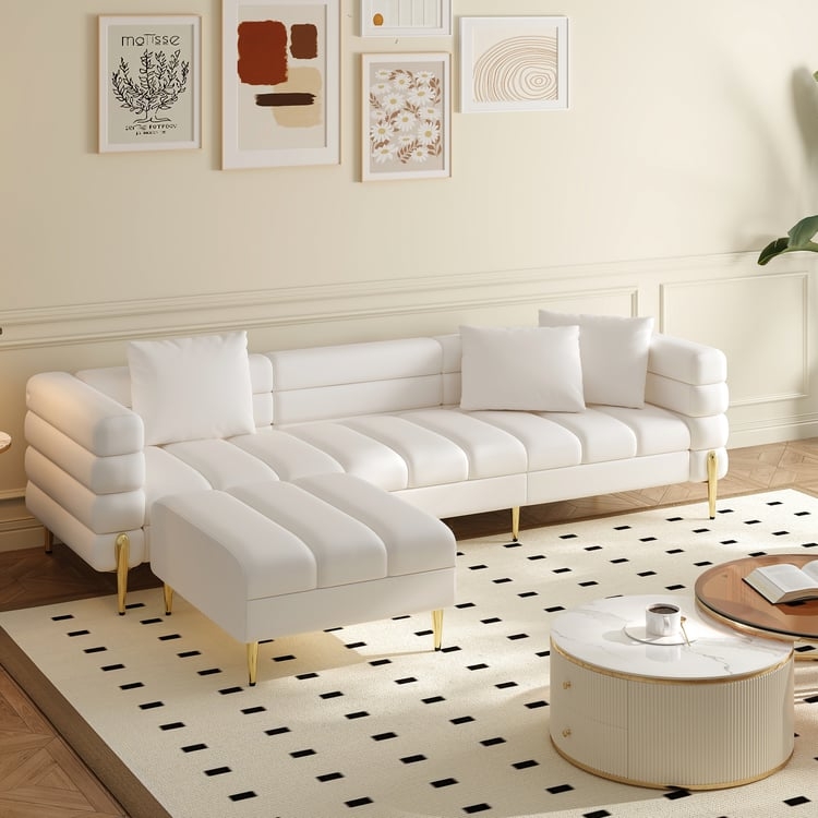 L-Shaped Sofa: Horizontal Channel Tufting, Gold Tapered Legs, Ottoman