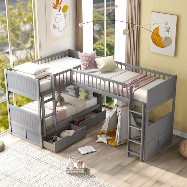 L-Shaped Triple Bunk Bed, Cool Gray Finish, Integrated Drawers, Loft