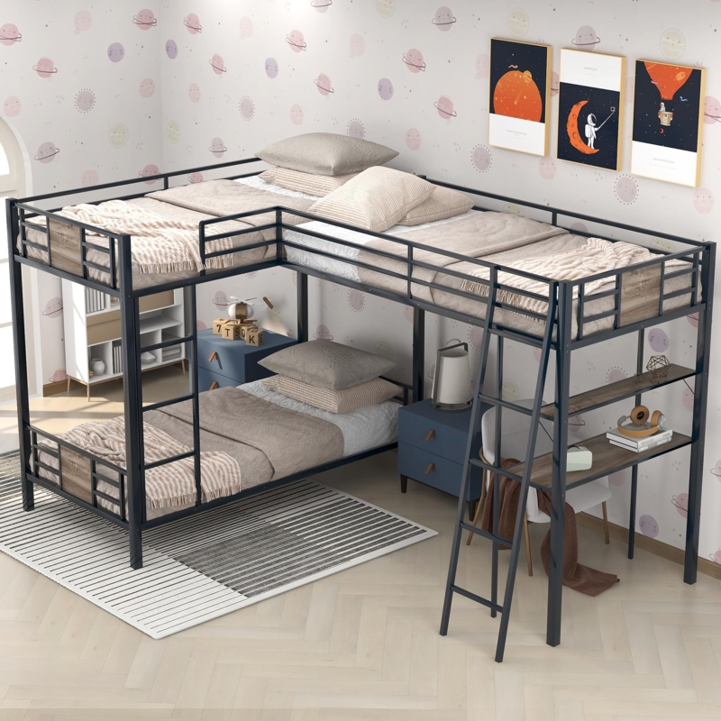 L-Shaped Triple Bunk Bed Mixed Material Metal and Wood with Desk