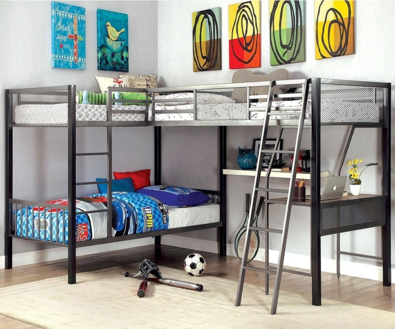 L-Shaped Triple Bunk Bed with Desk, Gunmetal Metal, Mesh Guardrails