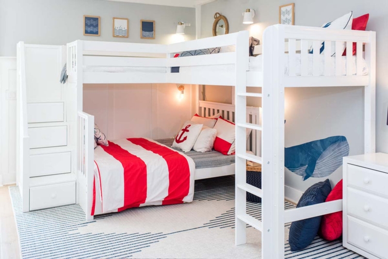 L-Shaped Triple Bunk Bed with Staircase Storage, Crisp White, Nautical