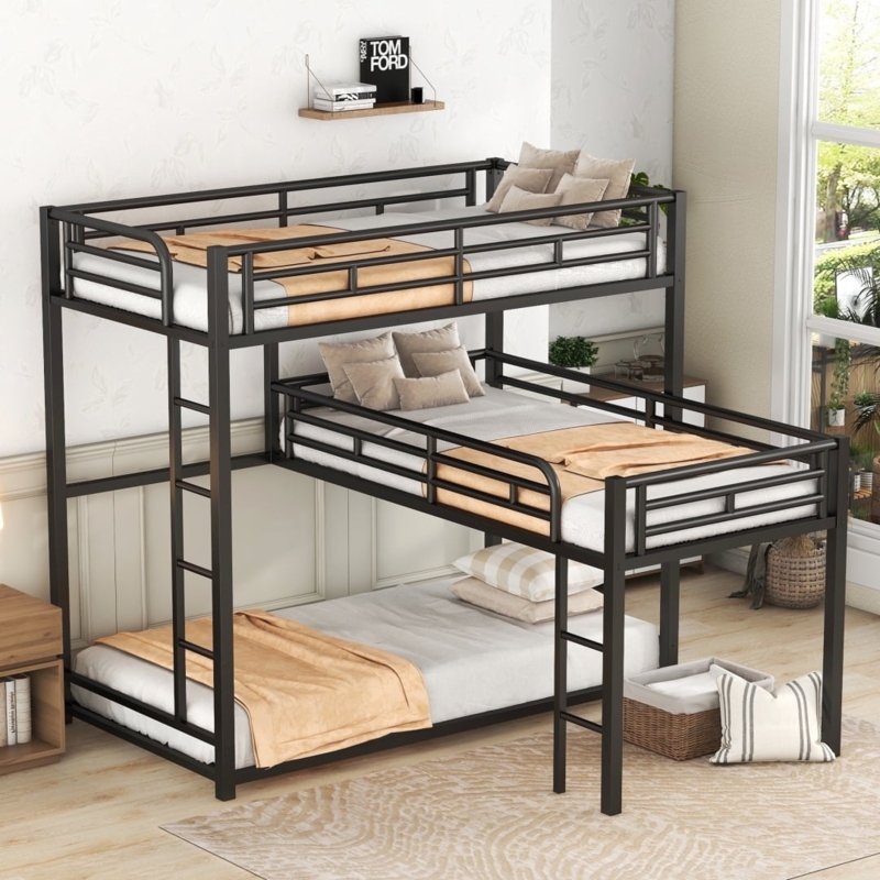 L-Shaped Triple Bunk Black Metal Frame with Floor Level Bottom Bed