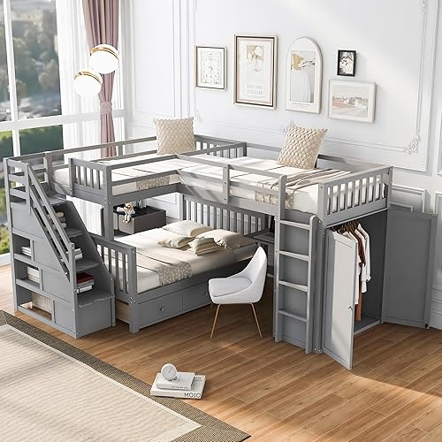 L-Shaped Triple Bunk Grey Wood with Storage Staircase and Wardrobe
