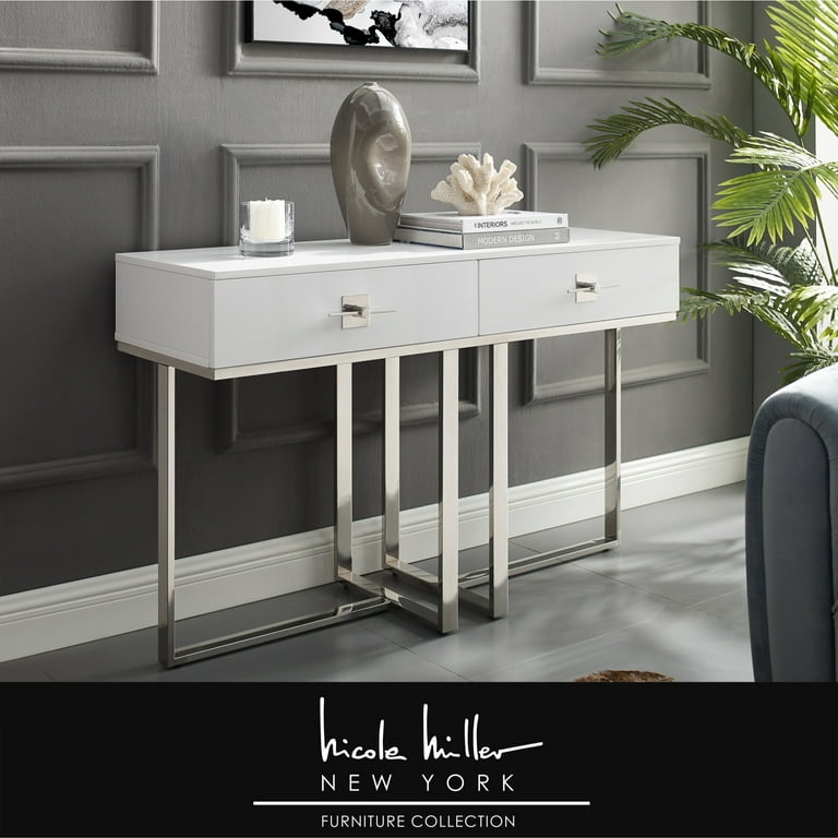 Lacquer Console Table with Geometric Polished Stainless Steel Base