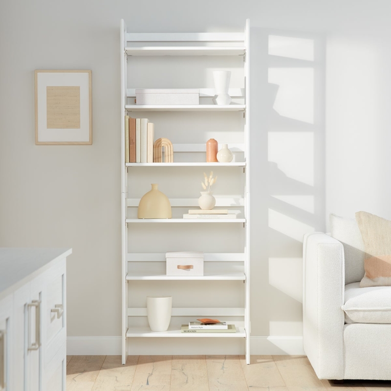 Ladder Bookshelf White Finish, Slatted Supports, Stackable Design