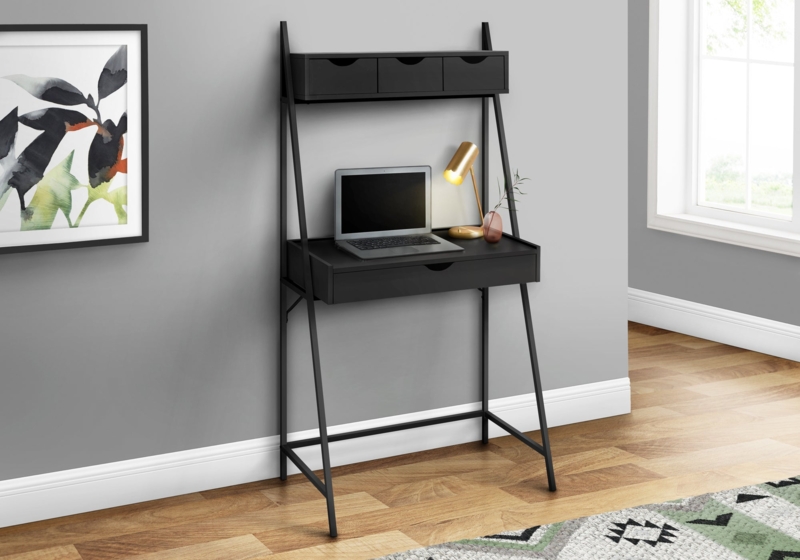 Ladder Desk with Matte Black Finish and Three Hutch Drawers