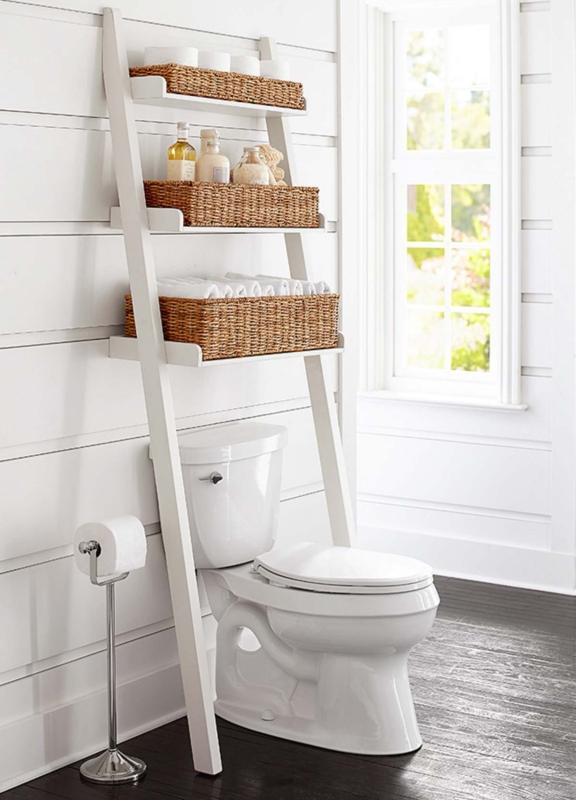 Ladder Shelf White Leaning Frame Woven Storage Baskets Coastal Farmhouse