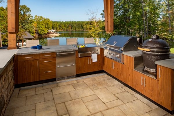 Lakeside Outdoor Kitchen with Wood Cabinetry and Kamado Cooker