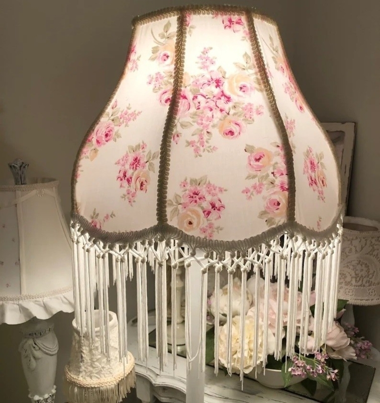 Lamp Shade Floral with Knotted Macrame Fringe Scalloped Edge