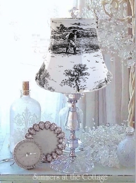 Lamp Shade French Country with Pastoral Toile Print and Crystal Finial