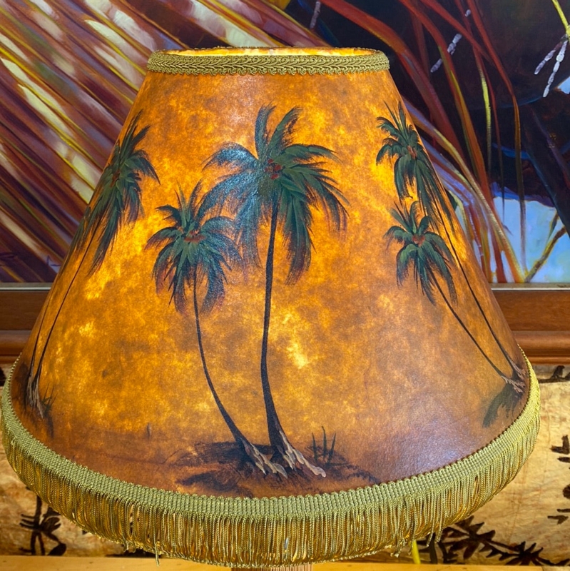 Lamp Shade: Hand-Painted Palm Tree Motif, Amber Glow, Bottom Fringe