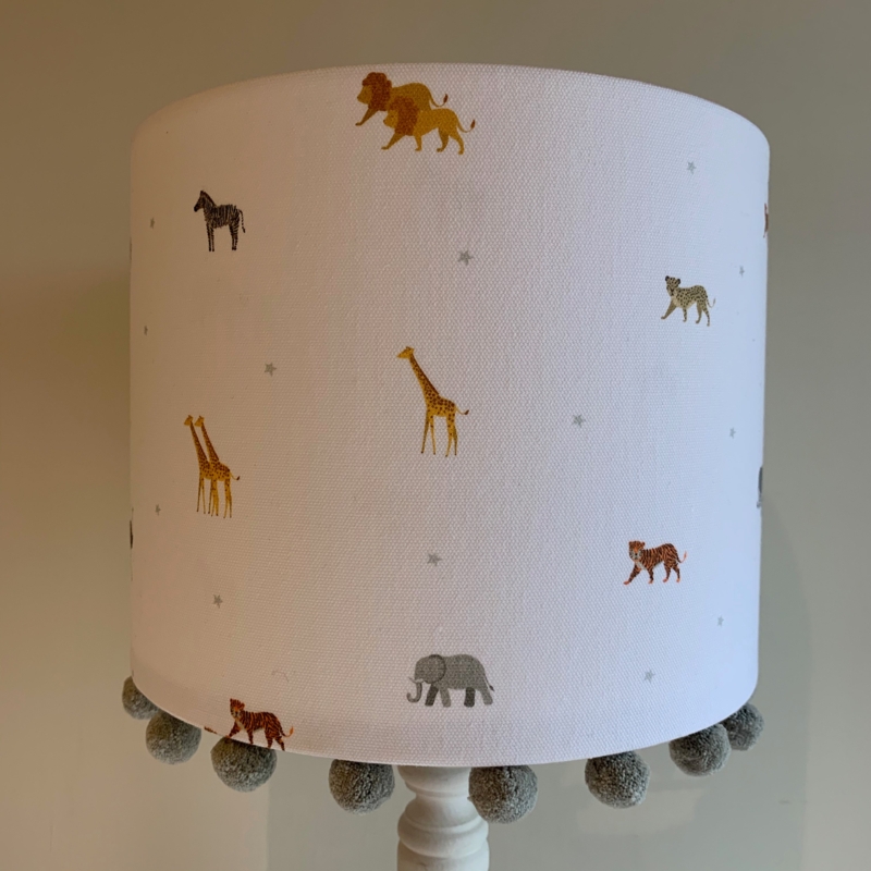 Lamp Shade Pom Pom Fringe Grey Star Motifs Safari Animals