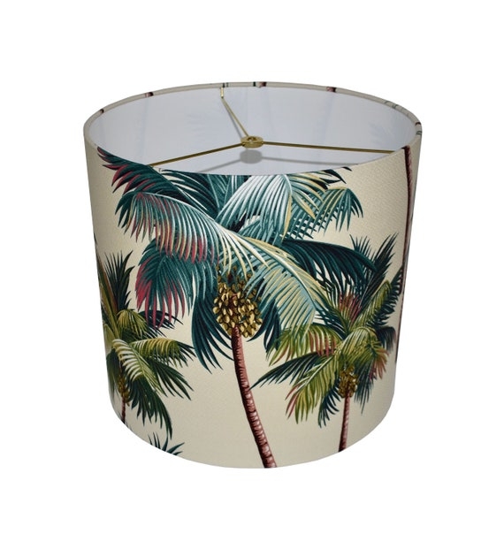 Lamp Shade: Tropical Drum, Beige Palm Tree Pattern, Fabric Material