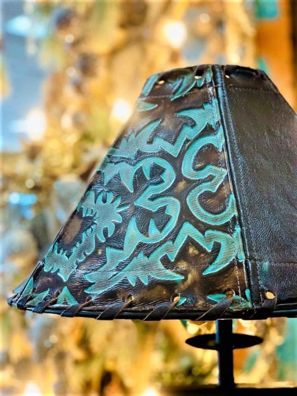 Lamp Shade: Turquoise Tooled Leather Shade with Floral Embossing