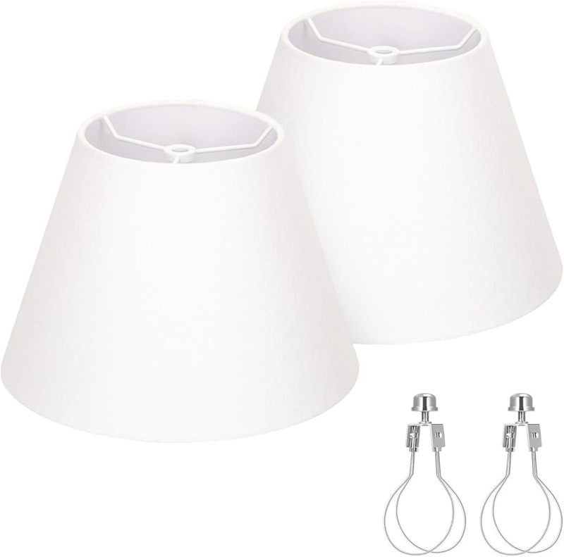Lampshade Set Crisp White Tapered Empire Fabric Clip-On Adapters