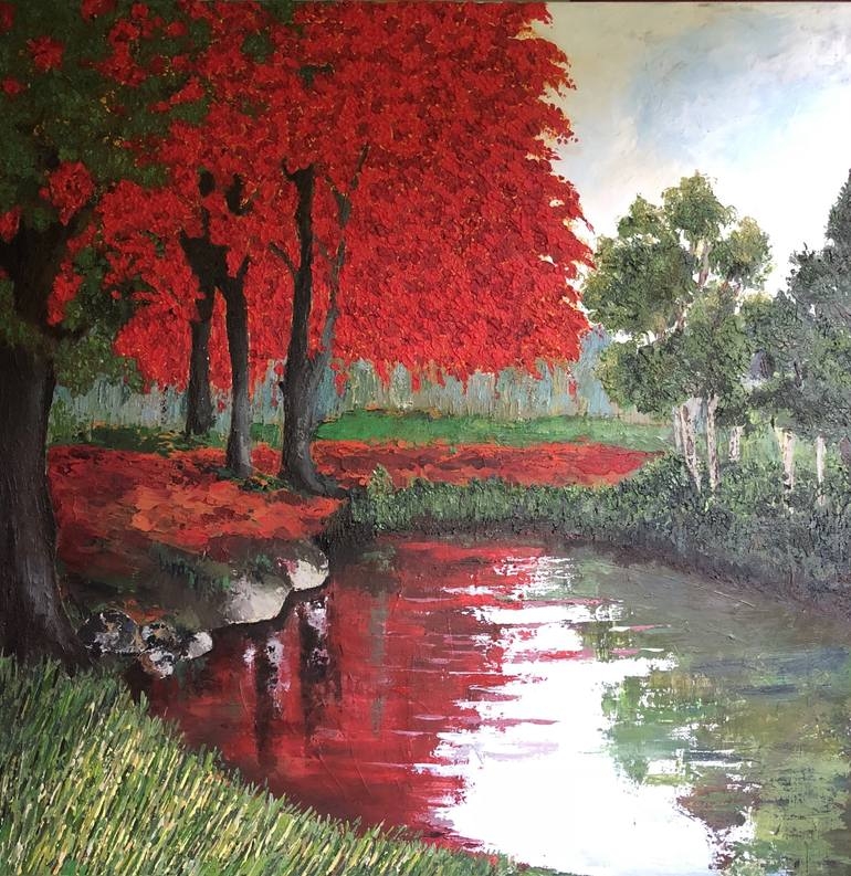 Landscape Painting Expressive Impressionist Pond Reflection Impasto