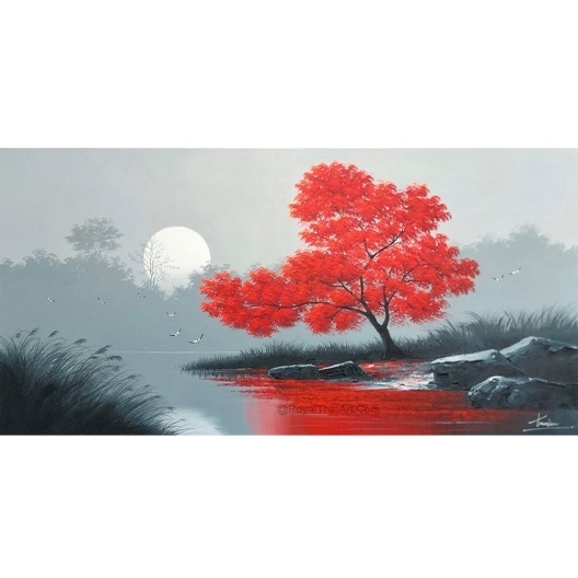 Landscape Painting Silhouetted Birds Sun Orb Atmospheric Mist Zen
