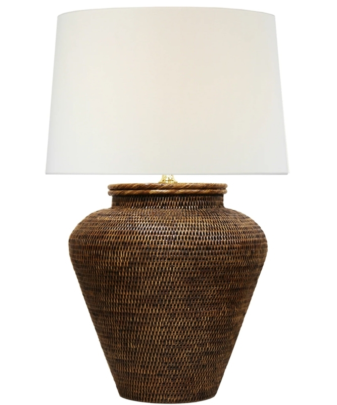 Large Antique Brown Rattan Table Lamp with Intricate Weave and Urn Base
