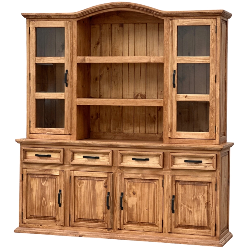 Large Arched Hutch Buffet With Warm Honey Wood Finish