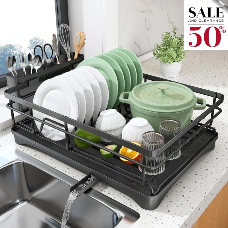 Large Capacity Black Wire Dish Rack with Tiered Plate Storage