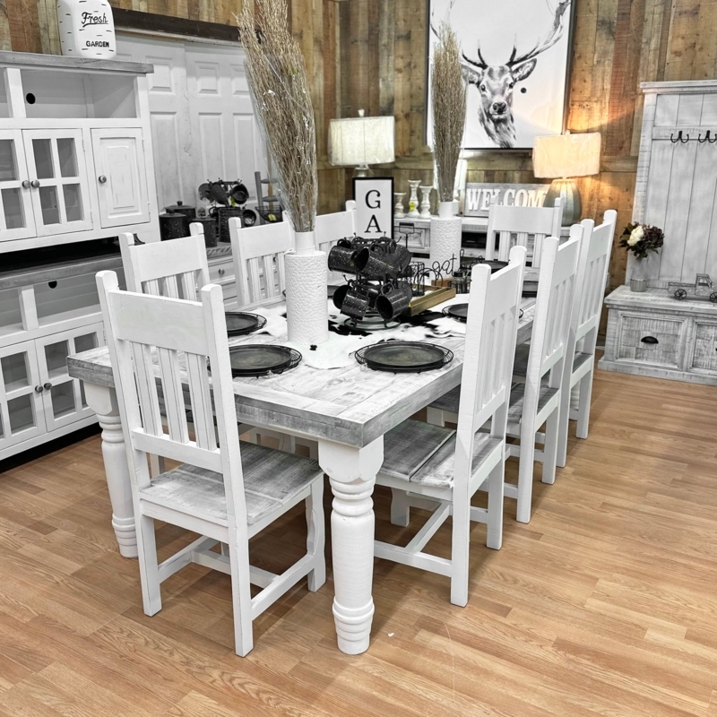 Large Dining Set: 8-Piece, Turned Legs, Slat Back Chairs, Plank Top.