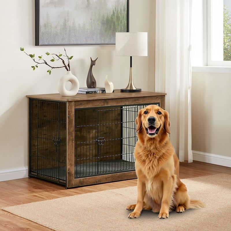 Large Dog Crate End Table in Walnut Brown with Wire Mesh Sides