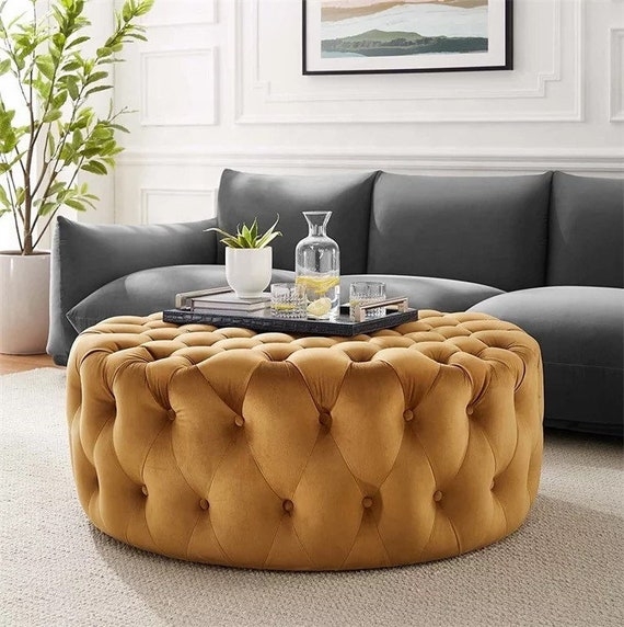 Large Round Tufted Ottoman Mustard Yellow Velvet Low Profile Base