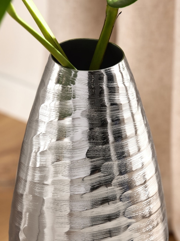 Large Textured Chrome Vase: Hammered Horizontal Ridges