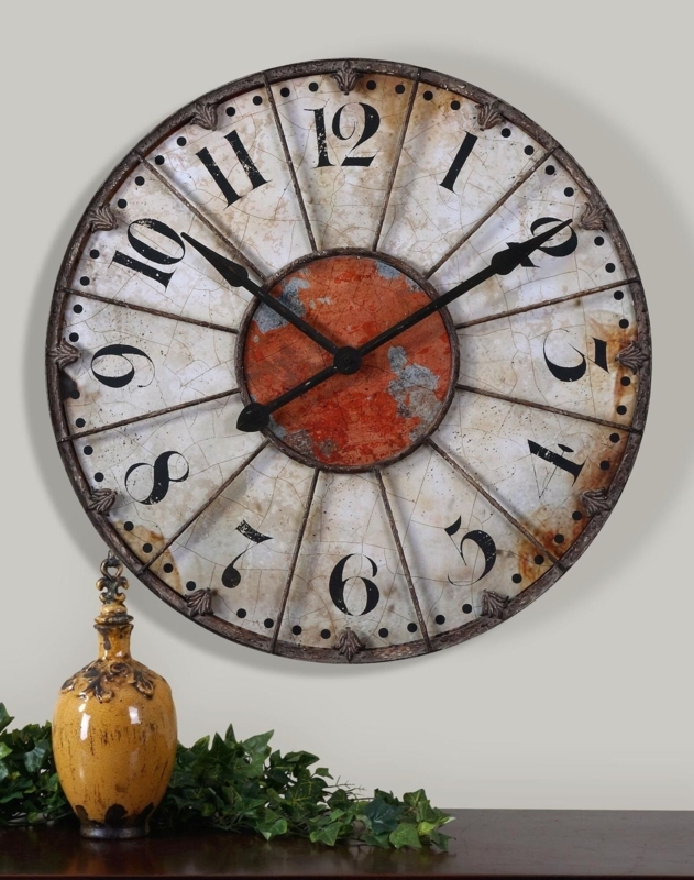 Large Wall Clock: Distressed Rust Orange with Metal Spoke Overlay