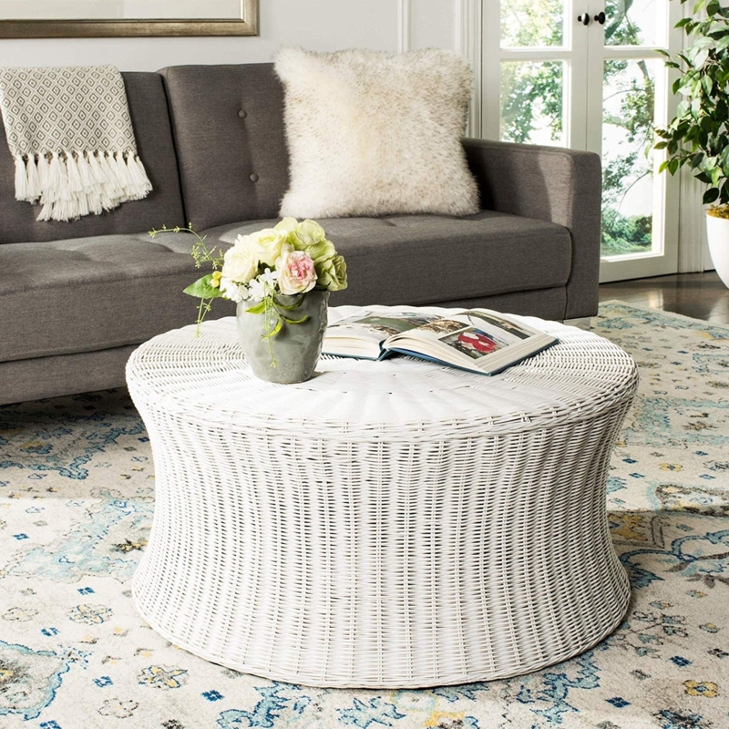 Large White Wicker Coffee Table Flared Base Woven Drum