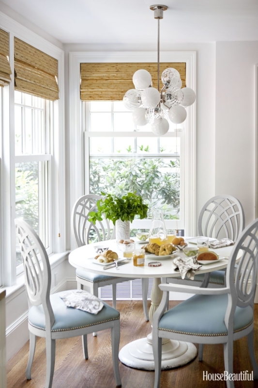 Lattice Back Dining Set: Coastal Blue Chairs & Bubble Pendant Light