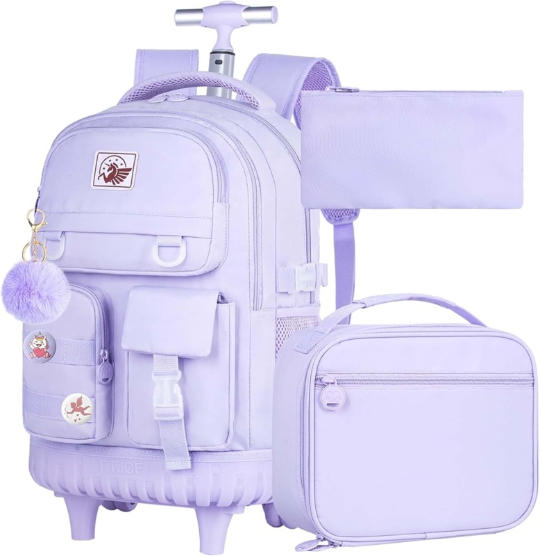 Lavender Rolling Backpack Set with 360 Degree Wheels and Lunch Bag