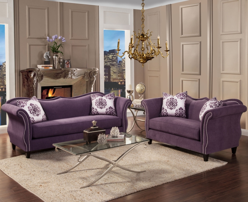 Lavender Sofa Set with Silver Nailhead Trim and Traditional Glam