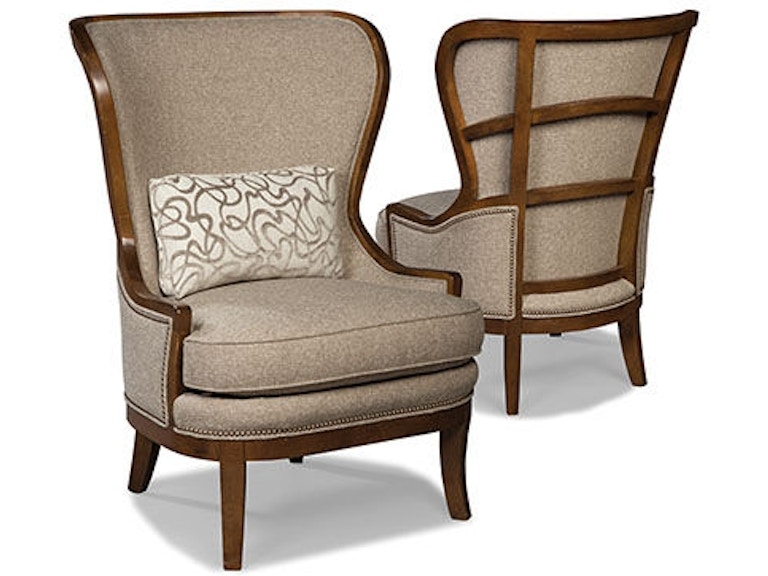 Lawson Wing Chair Exposed Wood Back Nailhead Trim Warm Beige Fabric