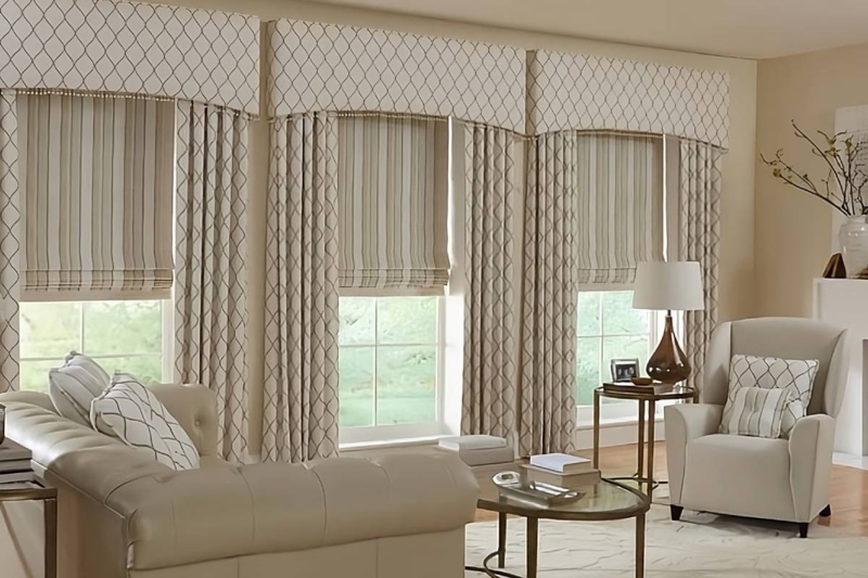 Layered Diamond Lattice Cornice and Striped Roman Shades
