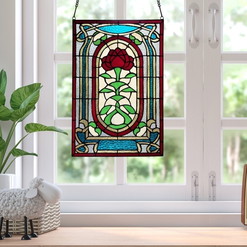 Leaded Glass Panel Victorian Red Rose Motif Floral Suncatcher Decor