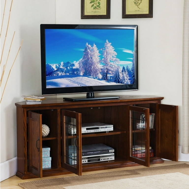 Leaded Glass TV Stand in Burnished Oak with Enclosed Storage