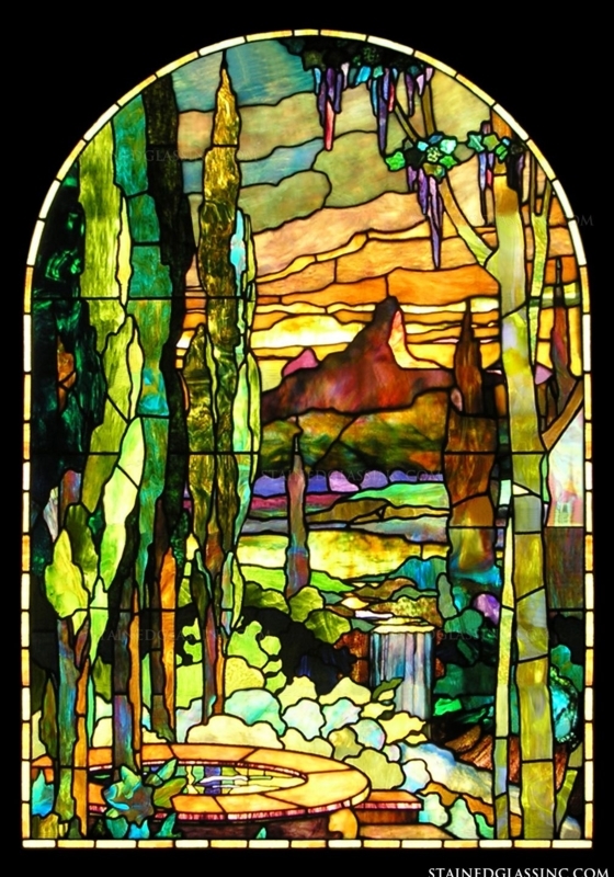 Leaded Glass Window Arched Top, Cypress Trees, Landscape.