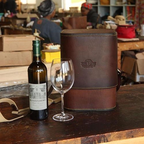 Leather Glass Carrier: Chestnut & Tan Two-Tone with Embossed Logo.