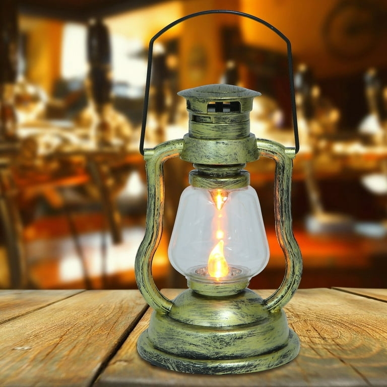LED Lantern Distressed Antique Gold Flame Shaped Bulb Rustic Decor