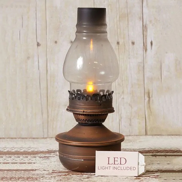 LED Oil Lamp Replica Antique Bronze Frosted Chimney Rustic