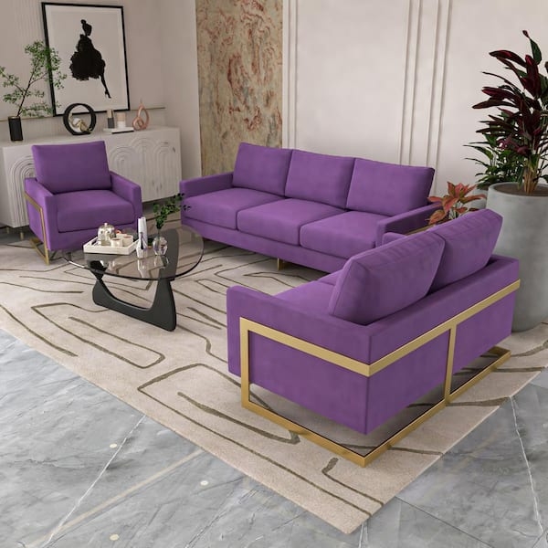 Leisuremod 3-Piece Sofa Set Upholstered in Velvet with Gold Stainless Steel  Base and Removable Cushions in Purple LA31-55-83PR - The Home Depot