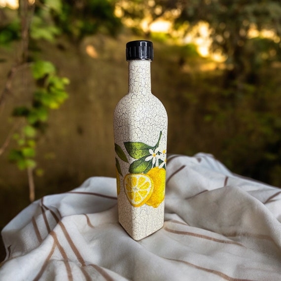 Lemon Botanical Print Oil Cruet with Crackle Glaze Finish