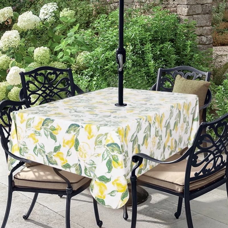 Lemon Print Patio Tablecloth Umbrella Hole Citrus Garden Decor Round