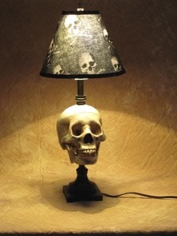 Life-Size Skull Table Lamp with Patterned Shade, Gothic Decor